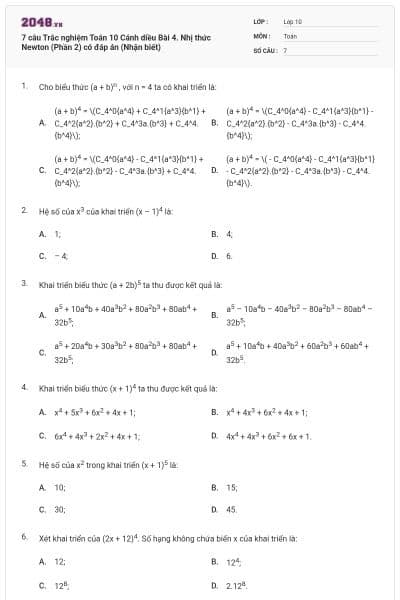 7 câu Trắc nghiệm Toán 10 Cánh diều Bài 4. Nhị thức Newton (Phần 2) có đáp án (Nhận biết)