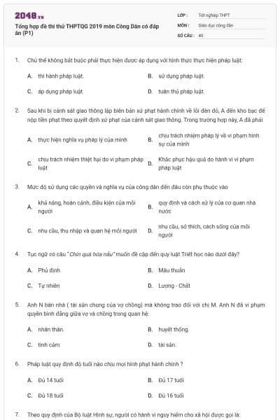 Tổng hợp đề thi thử THPTQG 2019 môn Công Dân có đáp án (P1)