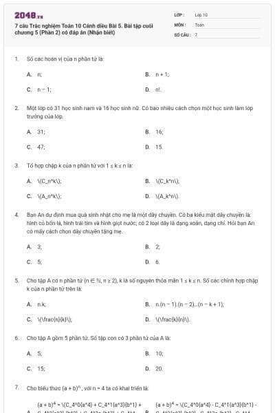 7 câu Trắc nghiệm Toán 10 Cánh diều Bài 5. Bài tập cuối chương 5 (Phần 2) có đáp án (Nhận biết)