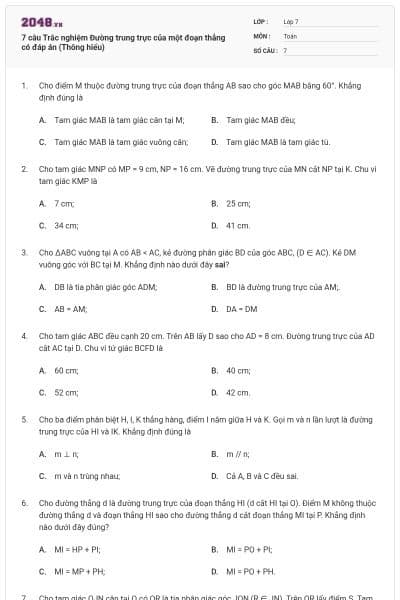 7 câu Trắc nghiệm Đường trung trực của một đoạn thẳng có đáp án (Thông hiểu)