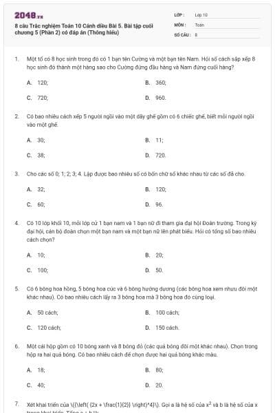 8 câu Trắc nghiệm Toán 10 Cánh diều Bài 5. Bài tập cuối chương 5 (Phần 2) có đáp án (Thông hiểu)