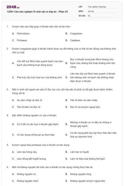 1300+ Câu trắc nghiệm Vi sinh vật có đáp án - Phần 25