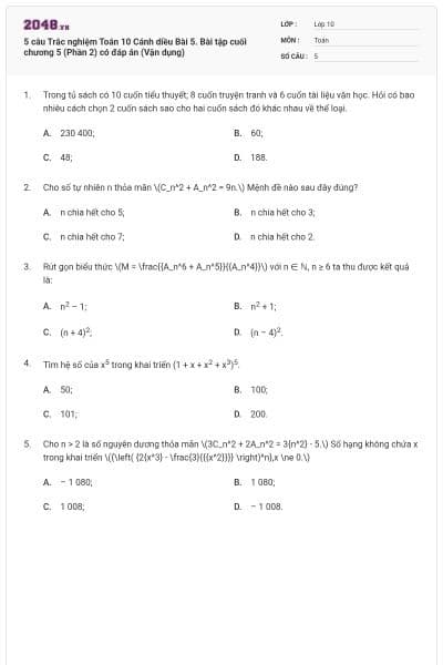 5 câu Trắc nghiệm Toán 10 Cánh diều Bài 5. Bài tập cuối chương 5 (Phần 2) có đáp án (Vận dụng)