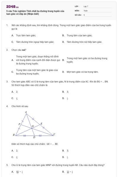 5 câu Trắc nghiệm Tính chất ba đường trung tuyến của tam giác có đáp án (Nhận biết)