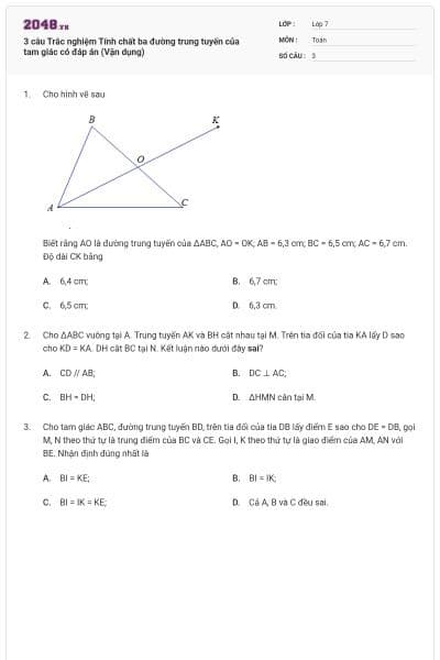 3 câu Trắc nghiệm Tính chất ba đường trung tuyến của tam giác có đáp án (Vận dụng)