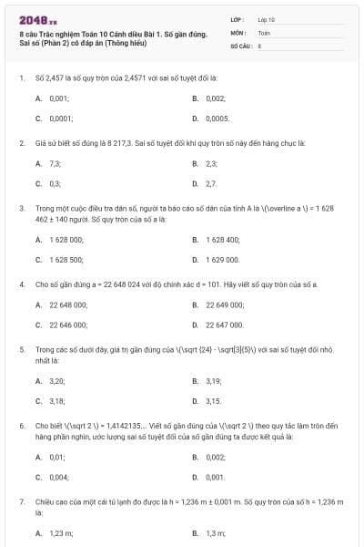 8 câu Trắc nghiệm Toán 10 Cánh diều Bài 1. Số gần đúng. Sai số (Phần 2) có đáp án (Thông hiểu)