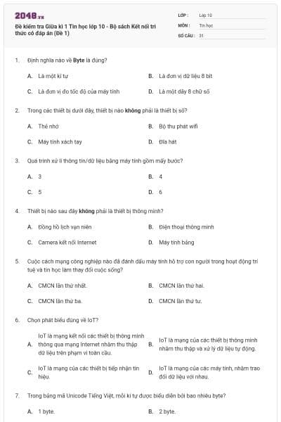 Đề kiểm tra Giữa kì 1 Tin học lớp 10 - Bộ sách Kết nối tri thức có đáp án (Đề 1)