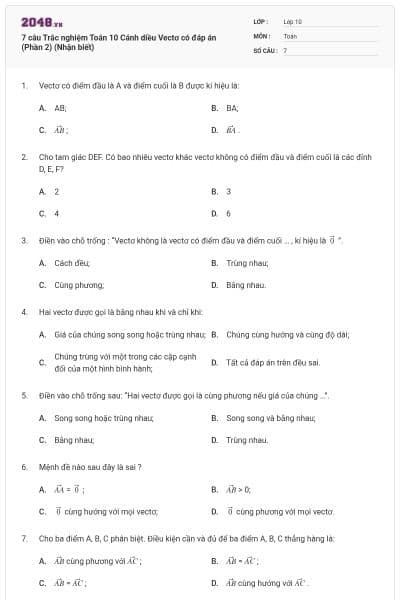 7 câu Trắc nghiệm Toán 10 Cánh diều Vectơ có đáp án (Phần 2) (Nhận biết)