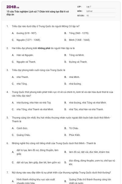 15 câu Trắc nghiệm Lịch sử 7 Chân trời sáng tạo Bài 6 có đáp án