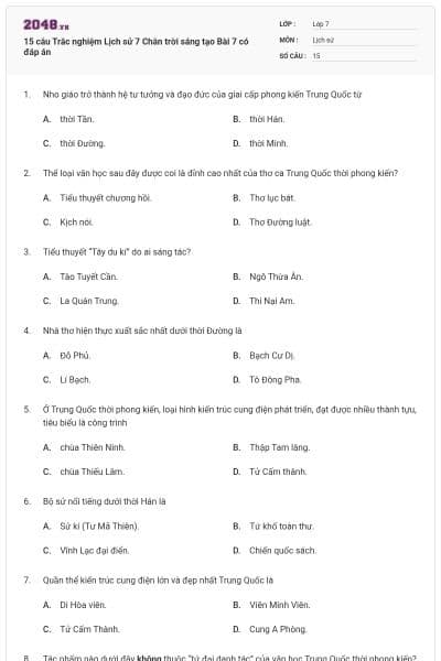 15 câu Trắc nghiệm Lịch sử 7 Chân trời sáng tạo Bài 7 có đáp án