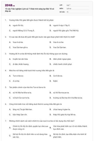 15 câu Trắc nghiệm Lịch sử 7 Chân trời sáng tạo Bài 10 có đáp án