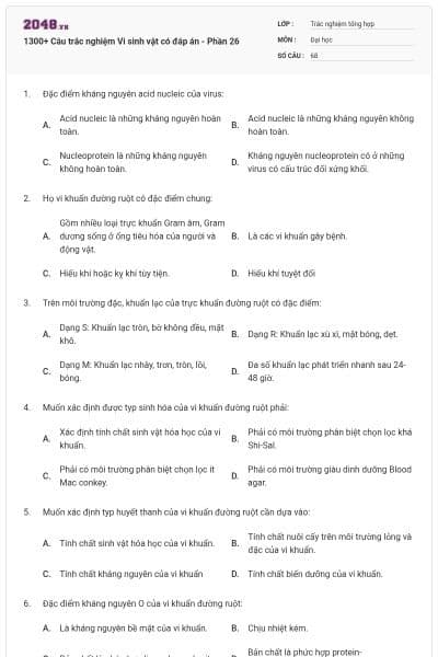 1300+ Câu trắc nghiệm Vi sinh vật có đáp án - Phần 26