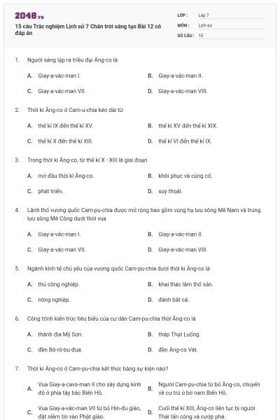 15 câu Trắc nghiệm Lịch sử 7 Chân trời sáng tạo Bài 12 có đáp án