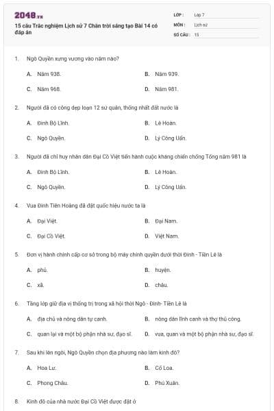 15 câu Trắc nghiệm Lịch sử 7 Chân trời sáng tạo Bài 14 có đáp án