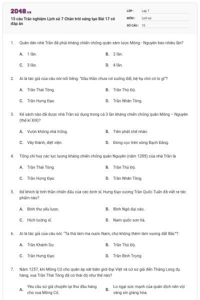 15 câu Trắc nghiệm Lịch sử 7 Chân trời sáng tạo Bài 17 có đáp án