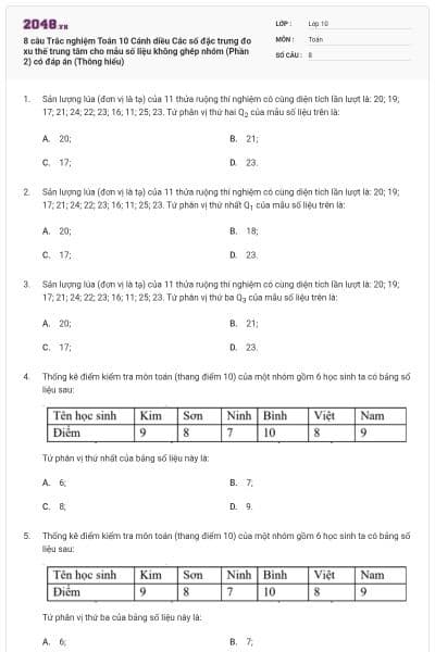 8 câu Trắc nghiệm Toán 10 Cánh diều Các số đặc trưng đo xu thế trung tâm cho mẫu số liệu không ghép nhóm (Phần 2) có đáp án (Thông hiểu)