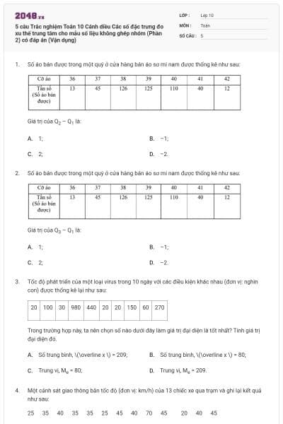 5 câu Trắc nghiệm Toán 10 Cánh diều Các số đặc trưng đo xu thế trung tâm cho mẫu số liệu không ghép nhóm (Phần 2) có đáp án (Vận dụng)