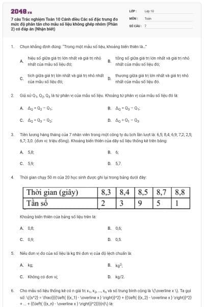 7 câu Trắc nghiệm Toán 10 Cánh diều Các số đặc trưng đo mức độ phân tán cho mẫu số liệu không ghép nhóm (Phần 2) có đáp án (Nhận biết)