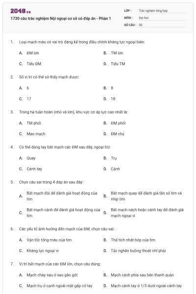 1730 câu trắc nghiệm Nội ngoại cơ sở có đáp án - Phần 1