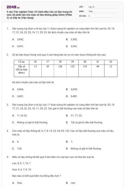 5 câu Trắc nghiệm Toán 10 Cánh diều Các số đặc trưng đo mức độ phân tán cho mẫu số liệu không ghép nhóm (Phần 2) có đáp án (Vận dụng)