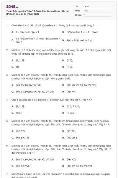 7 câu Trắc nghiệm Toán 10 Cánh diều Xác suất của biến cố (Phần 2) có đáp án (Nhận biết)