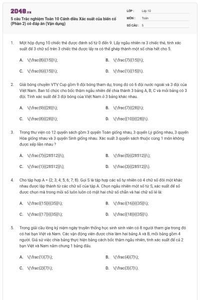 5 câu Trắc nghiệm Toán 10 Cánh diều Xác suất của biến cố (Phần 2) có đáp án (Vận dụng)