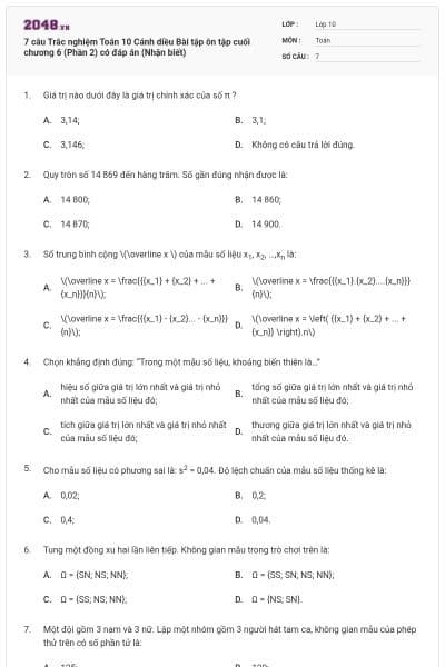 7 câu Trắc nghiệm Toán 10 Cánh diều Bài tập ôn tập cuối chương 6 (Phần 2) có đáp án (Nhận biết)