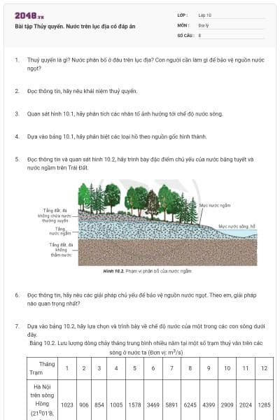 Bài tập Thủy quyển. Nước trên lục địa có đáp án