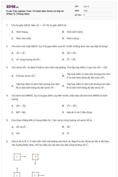 8 câu Trắc nghiệm Toán 10 Cánh diều Vectơ có đáp án (Phần 2) (Thông hiểu)