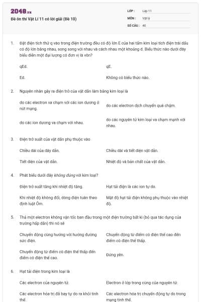 Đề ôn thi Vật Lí 11 có lời giải (Đề 10)