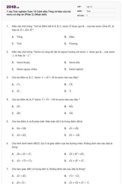 7 câu Trắc nghiệm Toán 10 Cánh diều Tổng và hiệu của hai vectơ có đáp án (Phần 2) (Nhận biết)