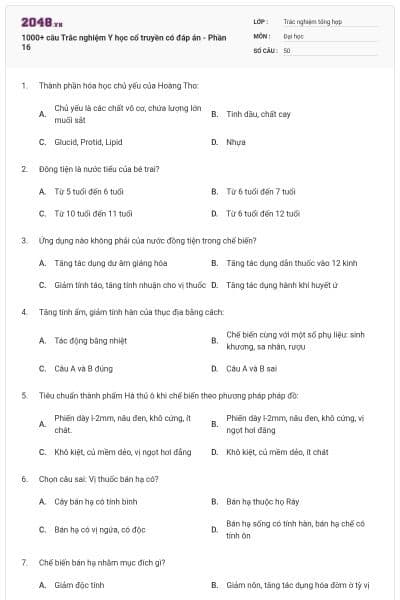 1000+ câu Trắc nghiệm Y học cổ truyền có đáp án - Phần 16