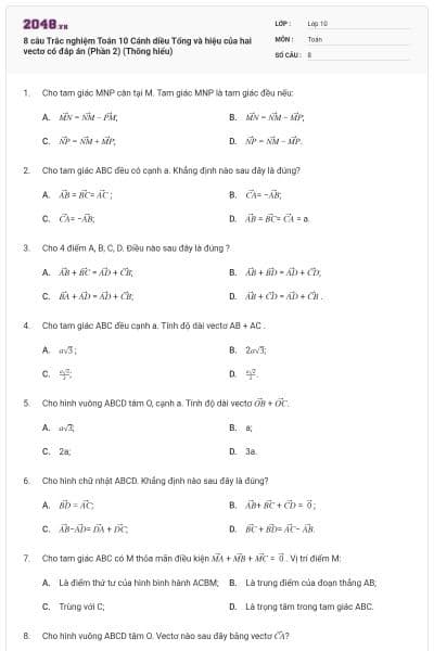 8 câu Trắc nghiệm Toán 10 Cánh diều Tổng và hiệu của hai vectơ có đáp án (Phần 2) (Thông hiểu)