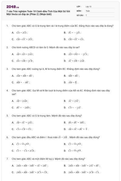 7 câu Trắc nghiệm Toán 10 Cánh diều Tích Của Một Số Với Một Vectơ có đáp án (Phần 2) (Nhận biết)