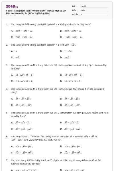 8 câu Trắc nghiệm Toán 10 Cánh diềU Tích Của Một Số Với Một Vectơ có đáp án (Phần 2) (Thông hiểu)