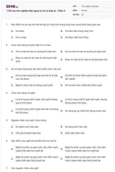 1730 câu trắc nghiệm Nội ngoại cơ sở có đáp án - Phần 4