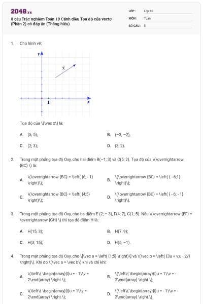 8 câu Trắc nghiệm Toán 10 Cánh diều Tọa độ của vectơ (Phần 2) có đáp án (Thông hiểu)