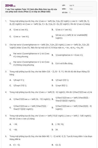 7 câu Trắc nghiệm Toán 10 Cánh diều Biểu thức tọa độ của các phép toán vectơ (Phần 2) có đáp án (Nhận biết)