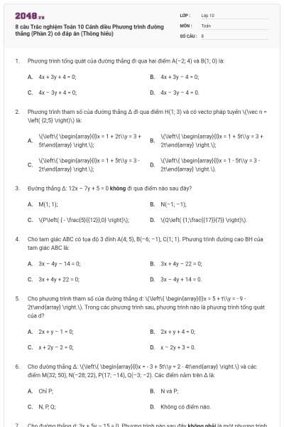 8 câu Trắc nghiệm Toán 10 Cánh diều Phương trình đường thẳng (Phần 2) có đáp án (Thông hiểu)