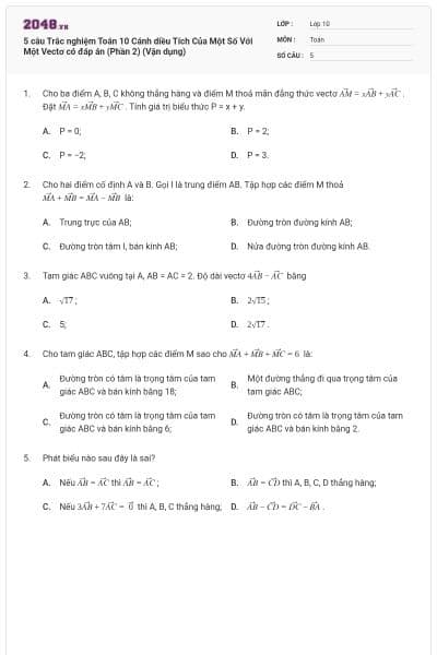 5 câu Trắc nghiệm Toán 10 Cánh diều Tích Của Một Số Với Một Vectơ có đáp án (Phần 2) (Vận dụng)