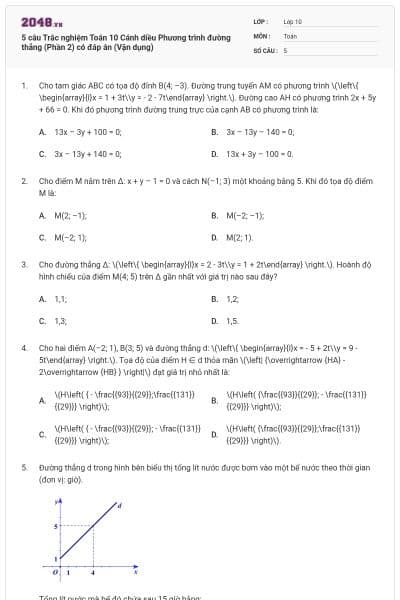 5 câu Trắc nghiệm Toán 10 Cánh diều Phương trình đường thẳng (Phần 2) có đáp án (Vận dụng)