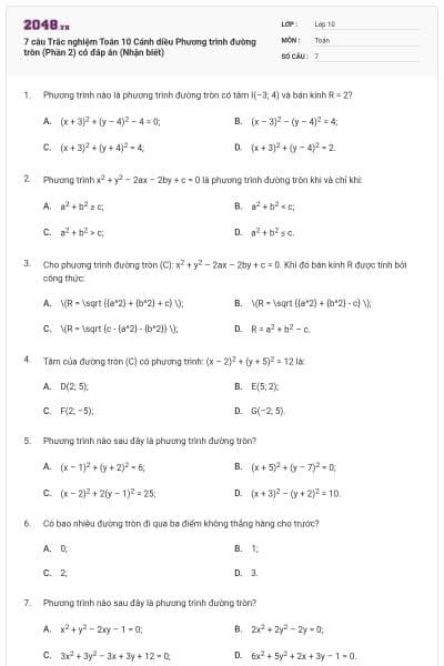 7 câu Trắc nghiệm Toán 10 Cánh diều Phương trình đường tròn (Phần 2) có đáp án (Nhận biết)