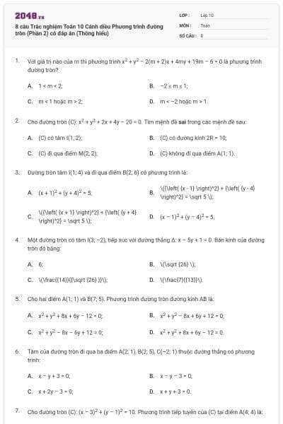 8 câu Trắc nghiệm Toán 10 Cánh diều Phương trình đường tròn (Phần 2) có đáp án (Thông hiểu)