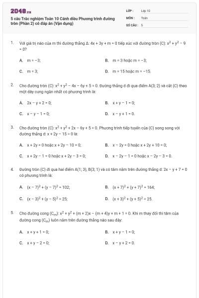 5 câu Trắc nghiệm Toán 10 Cánh diều Phương trình đường tròn (Phần 2) có đáp án (Vận dụng)