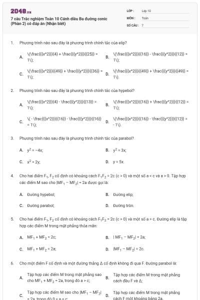 7 câu Trắc nghiệm Toán 10 Cánh diều Ba đường conic (Phần 2) có đáp án (Nhận biết)