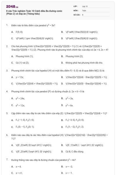 8 câu Trắc nghiệm Toán 10 Cánh diều Ba đường conic (Phần 2) có đáp án (Thông hiểu)