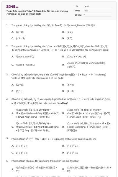 7 câu Trắc nghiệm Toán 10 Cánh diều Bài tập cuối chương 7 (Phần 2) có đáp án (Nhận biết)