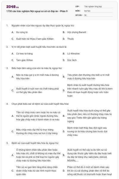 1730 câu trắc nghiệm Nội ngoại cơ sở có đáp án - Phần 9