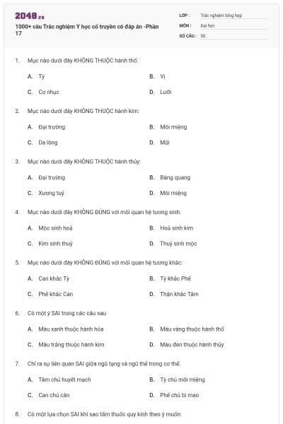 1000+ câu Trắc nghiệm Y học cổ truyền có đáp án -Phần 17