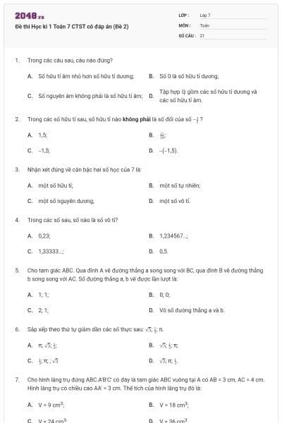 Đề thi Học kì 1 Toán 7 CTST có đáp án (Đề 2)
